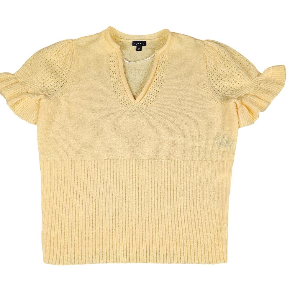 Torrid womens butter soft sweater sz0 yellow puffy ruffle short sleeves V neck